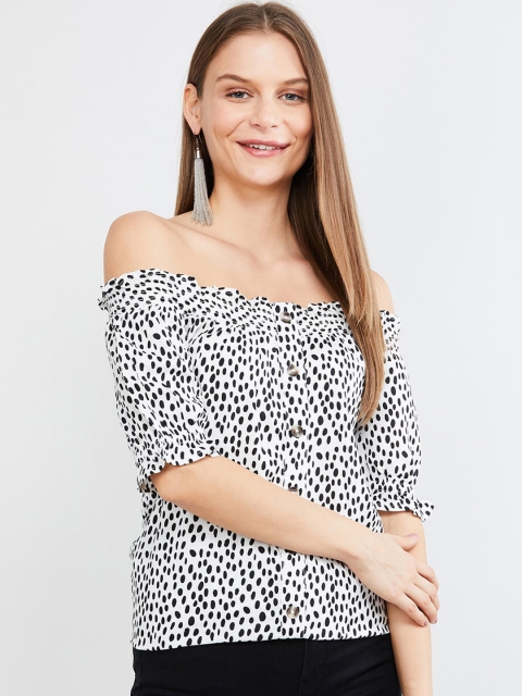 max Women Off-White Printed Bardot Top