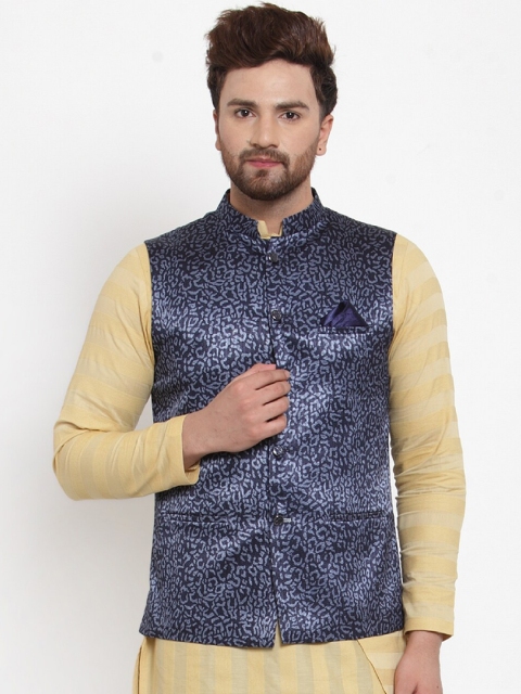 

MAXENCE Men Navy Blue Floral Printed Jacquord Nehru Jacket with Pocket Square