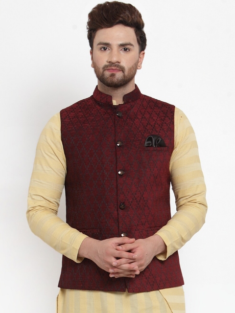 

MAXENCE Men Maroon & Black Woven Design Nehru Jacket