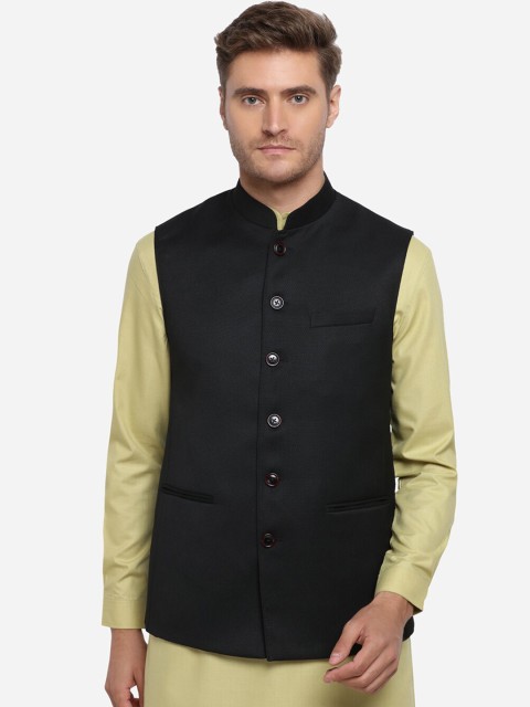 

JADE BLUE Men Black Woven-Design Corduroy Modi Jacket