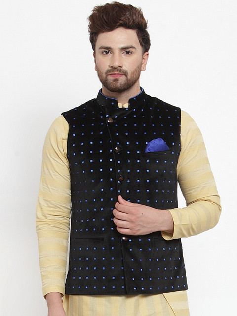 

MAXENCE Men Black & Blue Printed Nehru Jacket, Navy blue