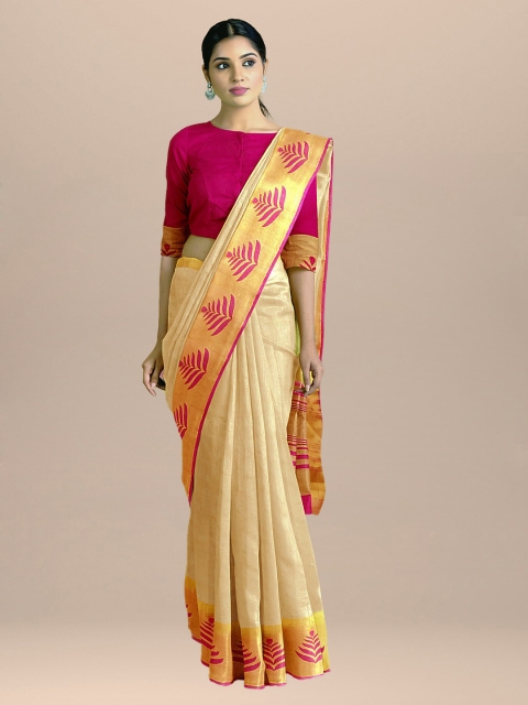 

BharatSthali Gold-Toned & Pink Silk Cotton Woven Design Sustainable Saree