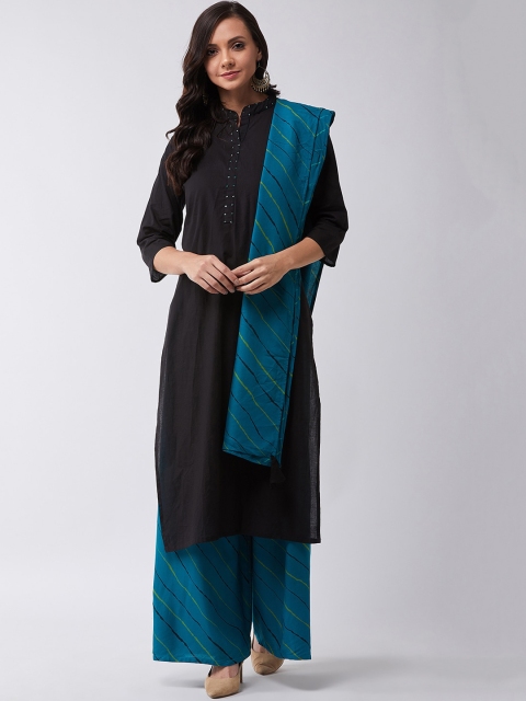 

InWeave Women Black & Turquoise Blue Solid Kurta with Palazzos & Dupatta