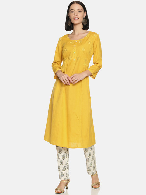 

Saffron Threads Women Yellow Embroidered A-Line Kurta
