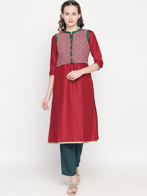 

Lobaanya Women Red & Off-White Yoke Design A-Line Kurta