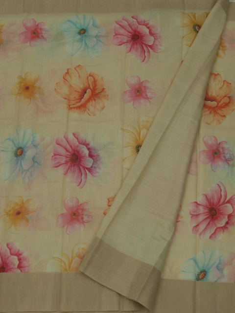 

Pothys Cream-Coloured & Yellow Linen Blend Printed Saree