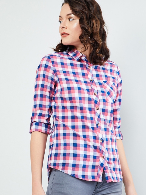 

max Women Coral Pink & Blue Checked Shirt Style Top