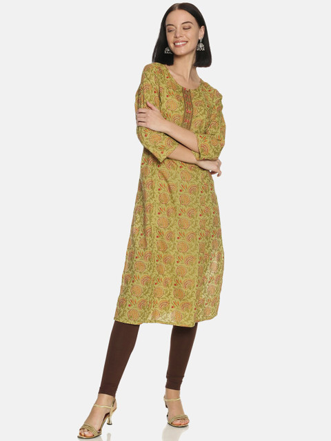 

Saffron Threads Women Green & Orange Printed A-Line Kurta