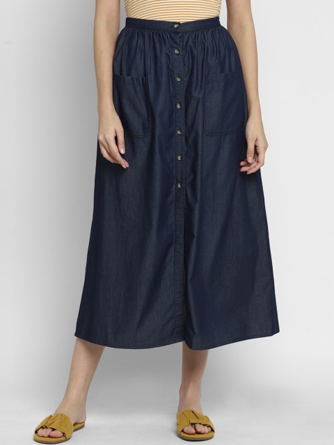 

FOSH Women Navy Blue Solid Denim Front Open Flared Pure Cotton Skirt