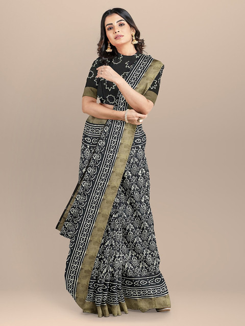 

BharatSthali Black & Off-White Pure Cotton Printed Sustainable Saree