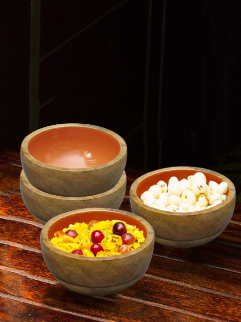 

nestroots Orange & Brown 4 Pcs Solid Mango Wood Serving Bowls Set