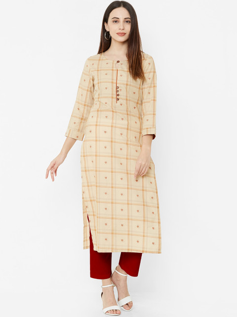 

Os Women Beige Checked Straight Kurta