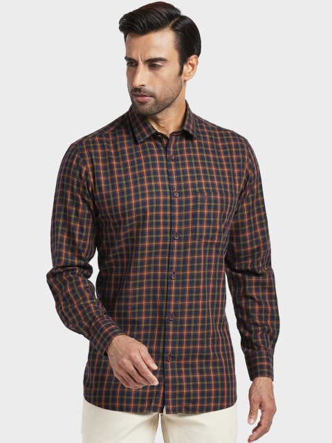 

ColorPlus Men Navy Blue & Orange Regular Fit Checked Casual Shirt