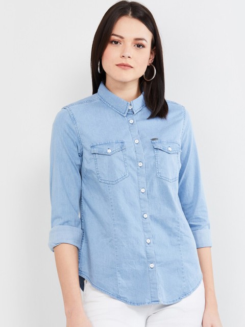 

max Women Blue Regular Fit Solid Casual Shirt
