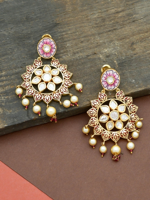 

Imittire Red & Pink Gold-Plated Handcrafted Meenakari Kundan Circular Drop Earrings