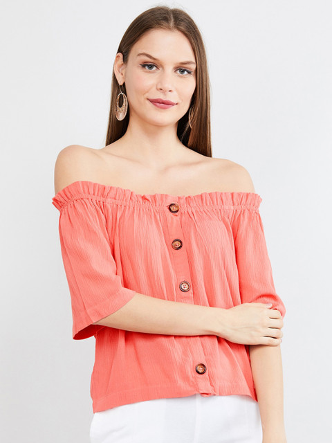 

max Women Coral Pink Solid Bardot Top
