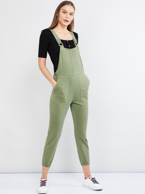 

max Women Olive Green Solid Slim-Fit Dungarees