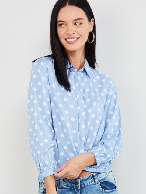 

max Women Blue Polka Dot Printed Shirt Style Top