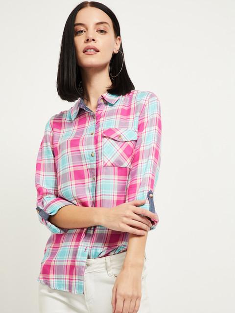 

max Women Blue & Pink Checked Shirt Style Top