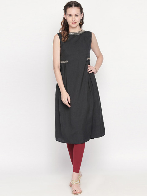 

Lobaanya Women Black Solid A-Line Kurta
