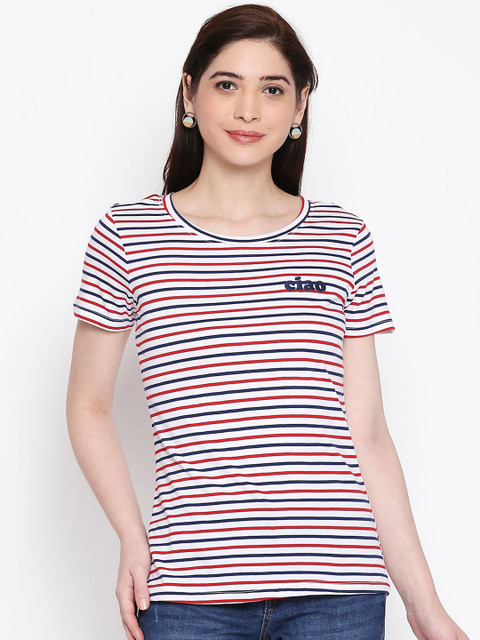 

Honey by Pantaloons Women Navy Blue Striped Round Neck T-shirt
