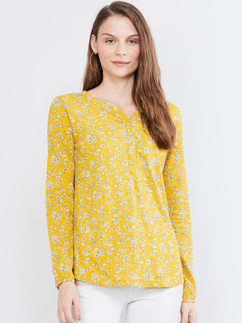 

max Women Yellow Printed Pure Cotton Top
