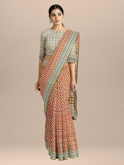 

BharatSthali Brown & Cream-Coloured Chanderi Printed Sustainable Saree