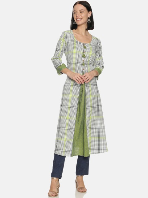 

Saffron Threads Women Green & White Checked A-Line Kurta