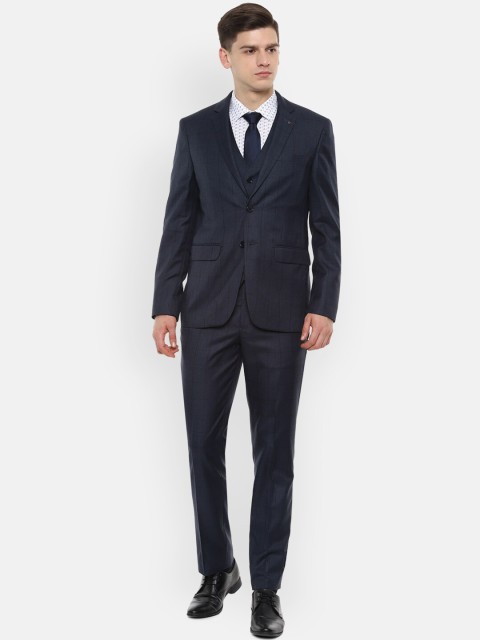 

Louis Philippe Men Navy Blue Checked Slim-Fit Single-Breasted 3-Piece Formal Suit