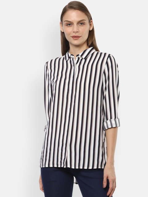 

Van Heusen Women White & Navy Blue Regular Fit Striped Casual Shirt