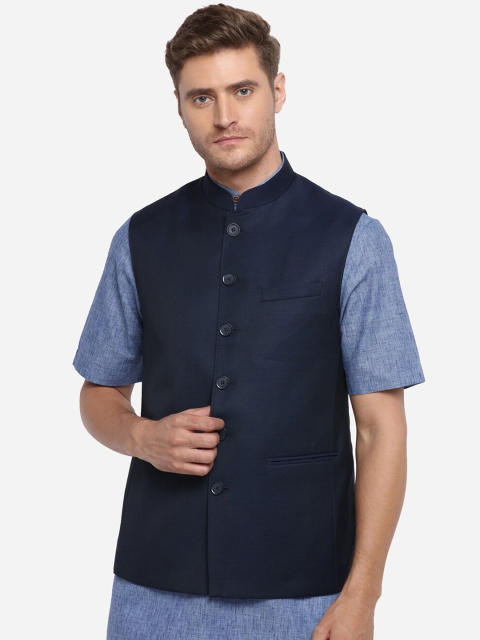 

JADE BLUE Men Navy Blue Woven-Design Corduroy Modi Jacket