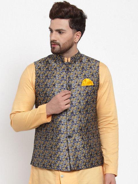 

MAXENCE Men Navy Blue & Yellow Woven Design Nehru Jacket