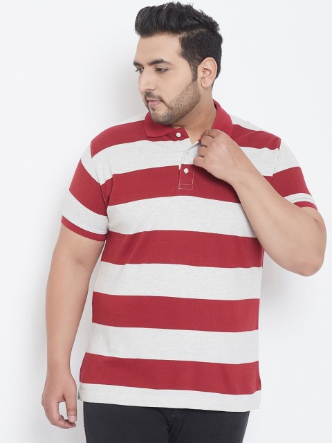 

bigbanana Men Plus Size Red & White Striped Polo Collar T-shirt