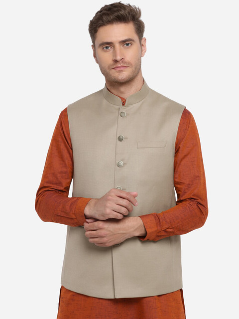 

JADE BLUE Men Beige Woven Design Modi Jacket