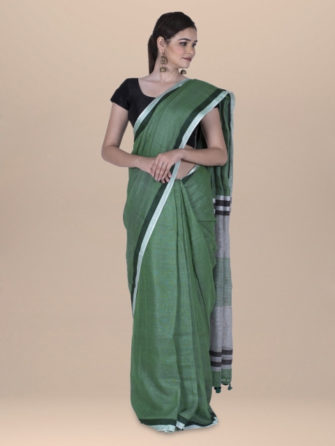 

BharatSthali Green Solid Pure Linen Bhagalpuri Sustainable Saree