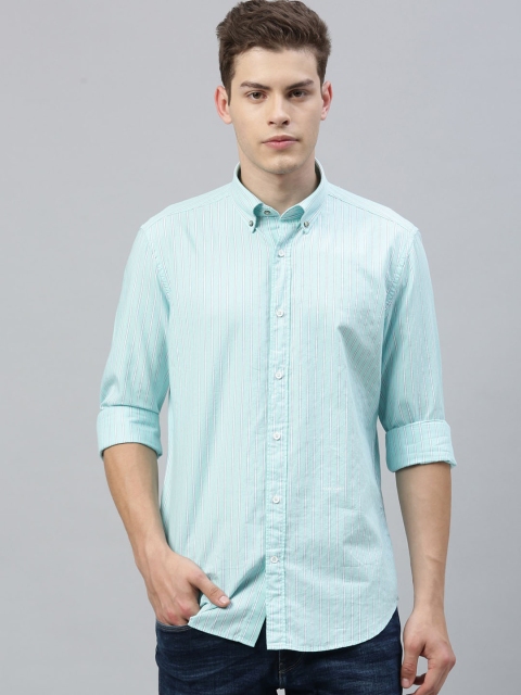 

RARE RABBIT Men Turquoise Blue Tailored Fit Striped Casual Shirt