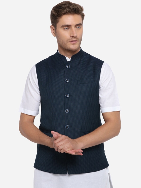

JADE BLUE Men Teal Blue Self Textured Formal Modi Jacket