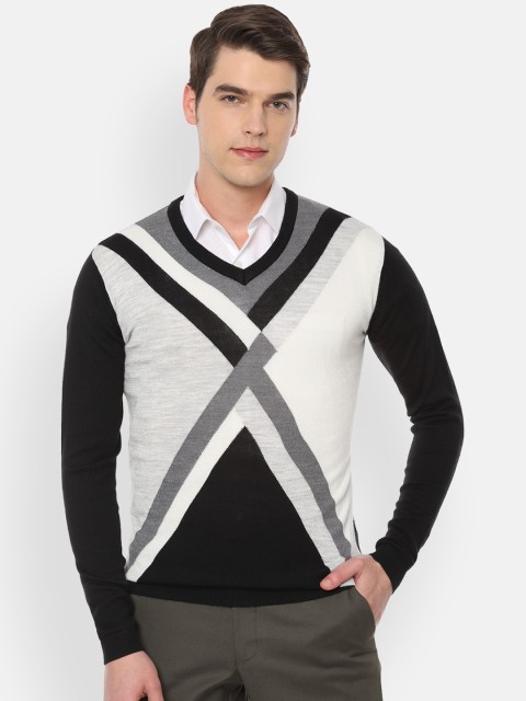 

Van Heusen Men Black & White Colourblocked Pullover Sweater