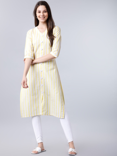 

Vishudh Women Yellow & White Striped Straight Kurta