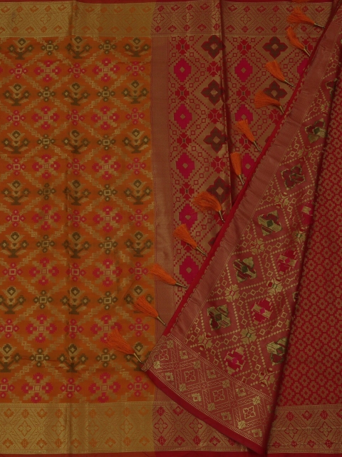 

Pothys Mustard Yellow & Orange Jute Silk Woven Design Saree