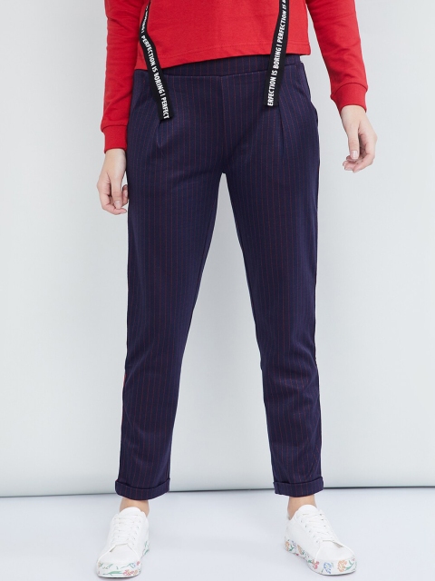 

max Women Navy Blue & Red Regular Fit Striped Trousers