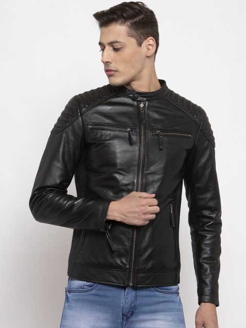 

WELBAWT Men Black Solid Lightweight Leather Biker Jacket