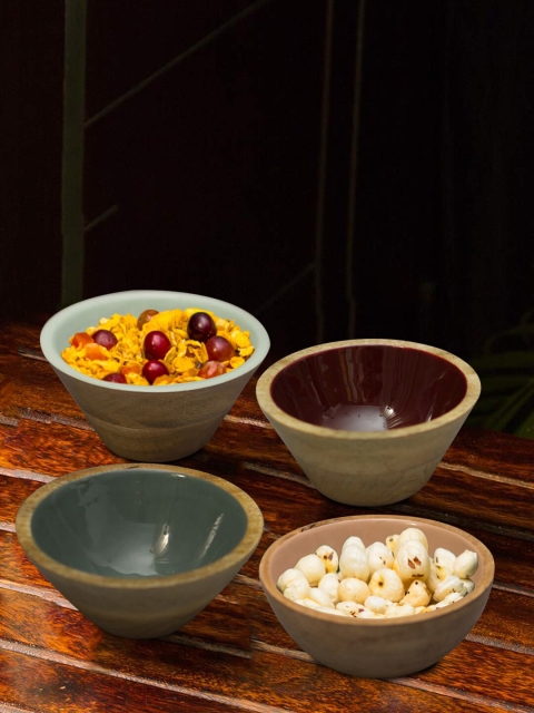 

nestroots Multicoloured Set of 4 Solid Wooden Serving Bowl, Multi