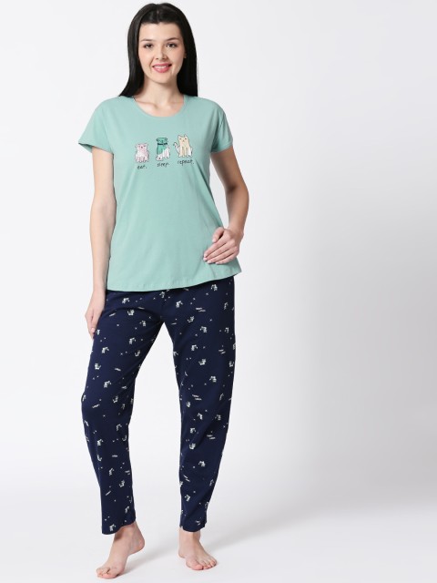 

I like me Women Sea Green & Navy Blue Printed Night suit