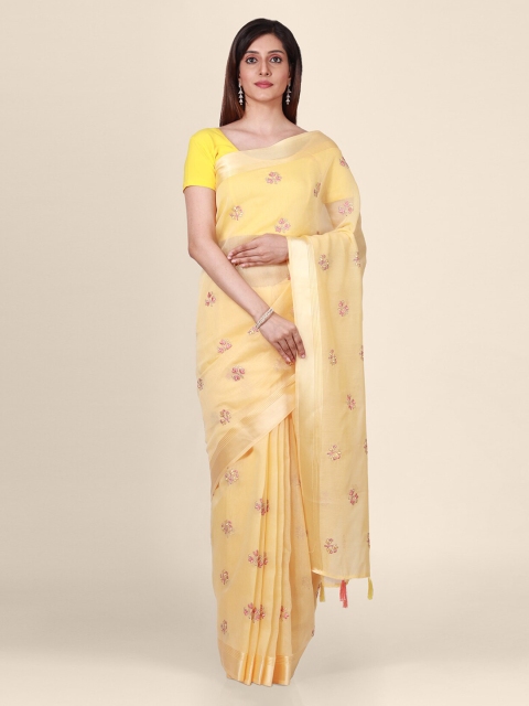 

CLAI WORLD Yellow Embroidered Handloom Tissue Saree