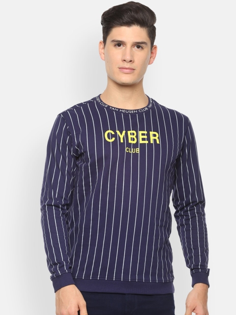 

V Dot Men Navy Blue & Off-White Striped Sweatshirt