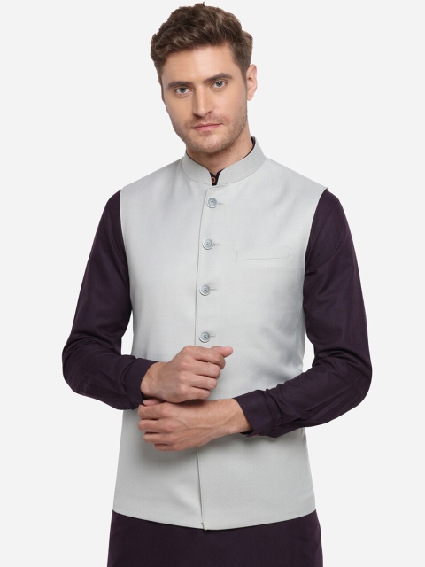 

JADE BLUE Men Grey-Melange Woven-Design Modi Jacket