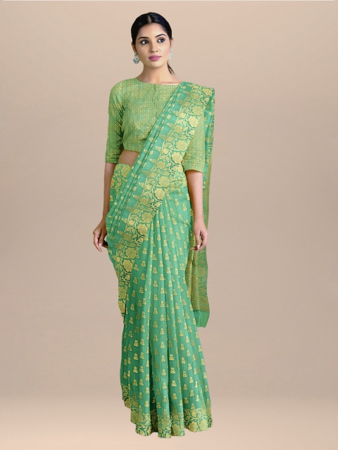 

BharatSthali Green & Gold-Toned Banarasi Woven Design Saree