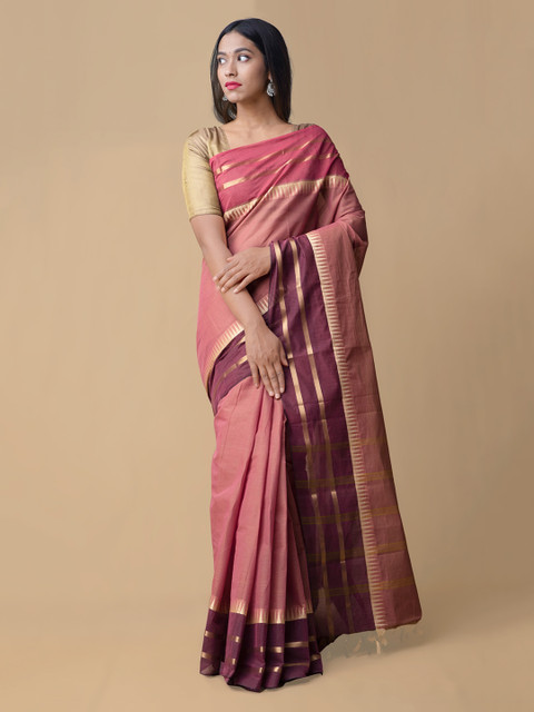 

Unnati Silks Red & Pink Pure Cotton Solid Handloom Saree