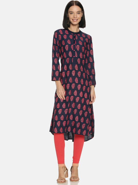 

Saffron Threads Women Navy Blue & Pink Printed A-Line Kurta